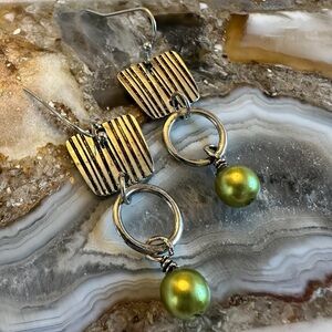 3180 Artisan Silver and Green Pearl Earrings